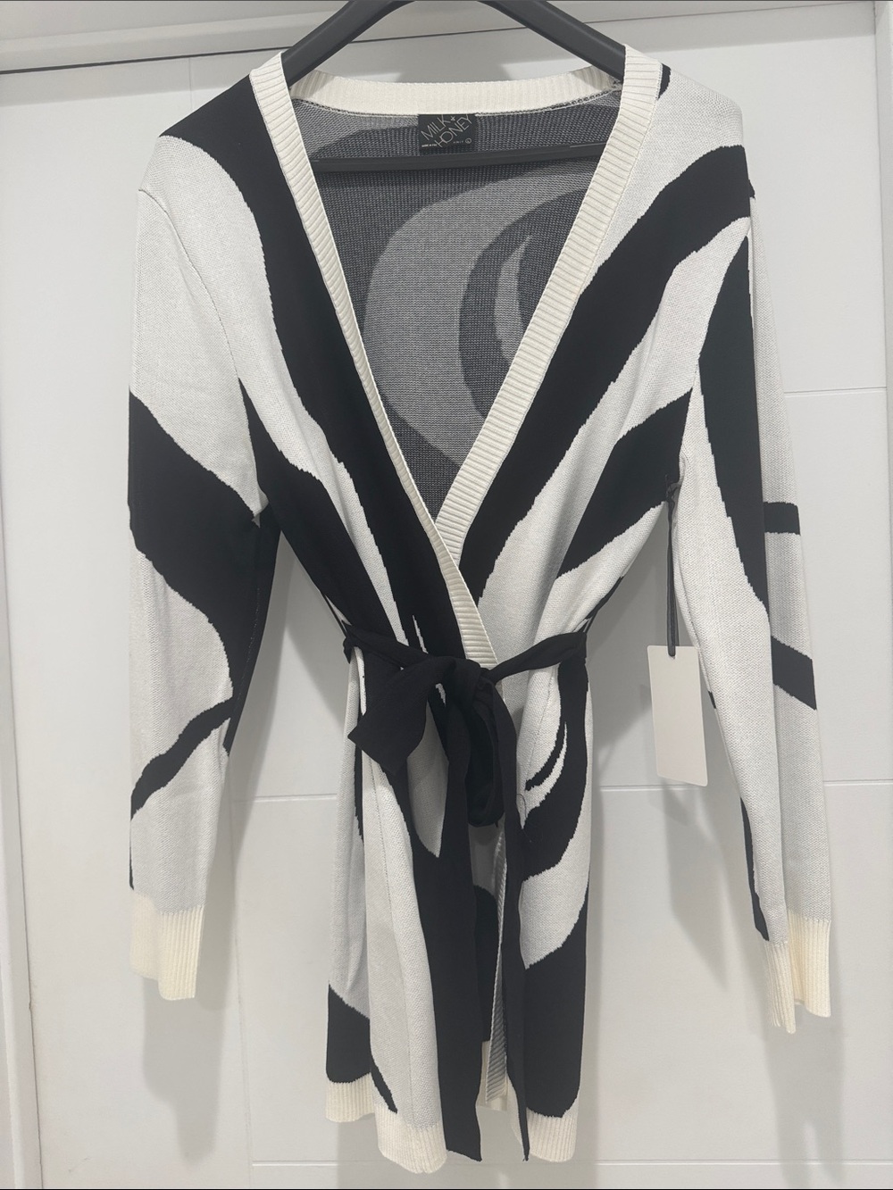 Black & White Wrap Cardigan with Tie Belt